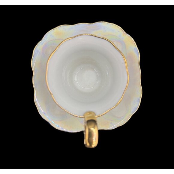 Vintage K. Fogg ‘87 Iridescent Porcelain Tea Cup & Saucer Gold Trim Gold Handle - Picture 6 of 11